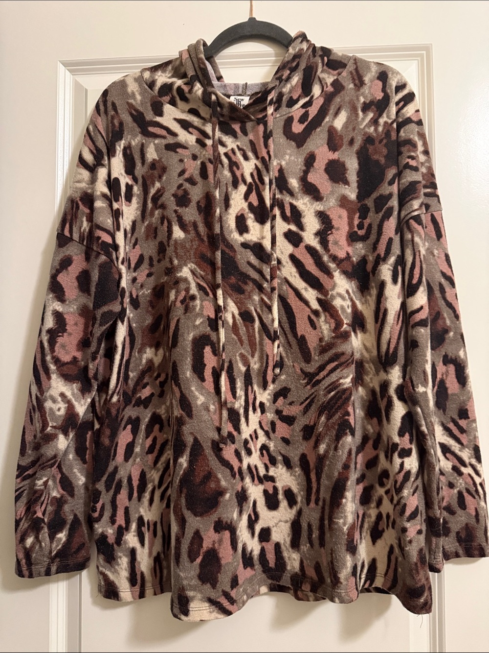 Sew In Love Leopard Print Pullover Hoodie in Brown, Pink, Cream